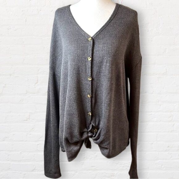 𝅺mudd gray long sleeve button front V-neck ribbed ties at waist oversized SZ M - Picture 1 of 12